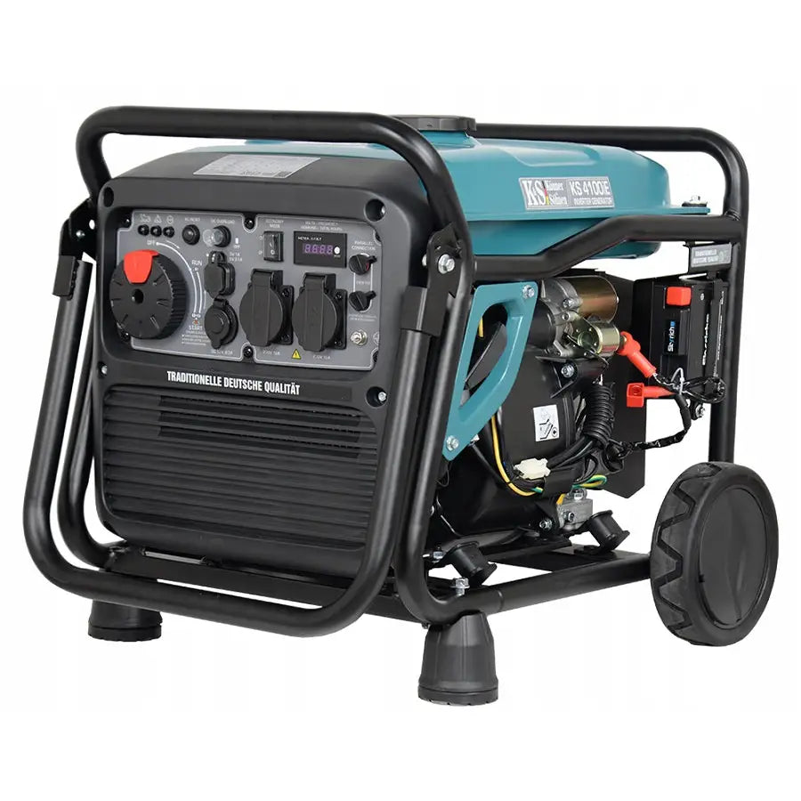 K&S Konner & Sohnen invertergenerator med blått toppdeksel, robuste hjul og frontpanel med kontakter.