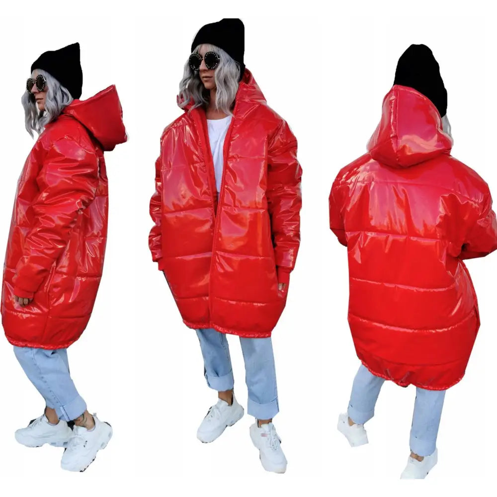 K1 Rød Quiltet Skinn Oversize Varm Lang