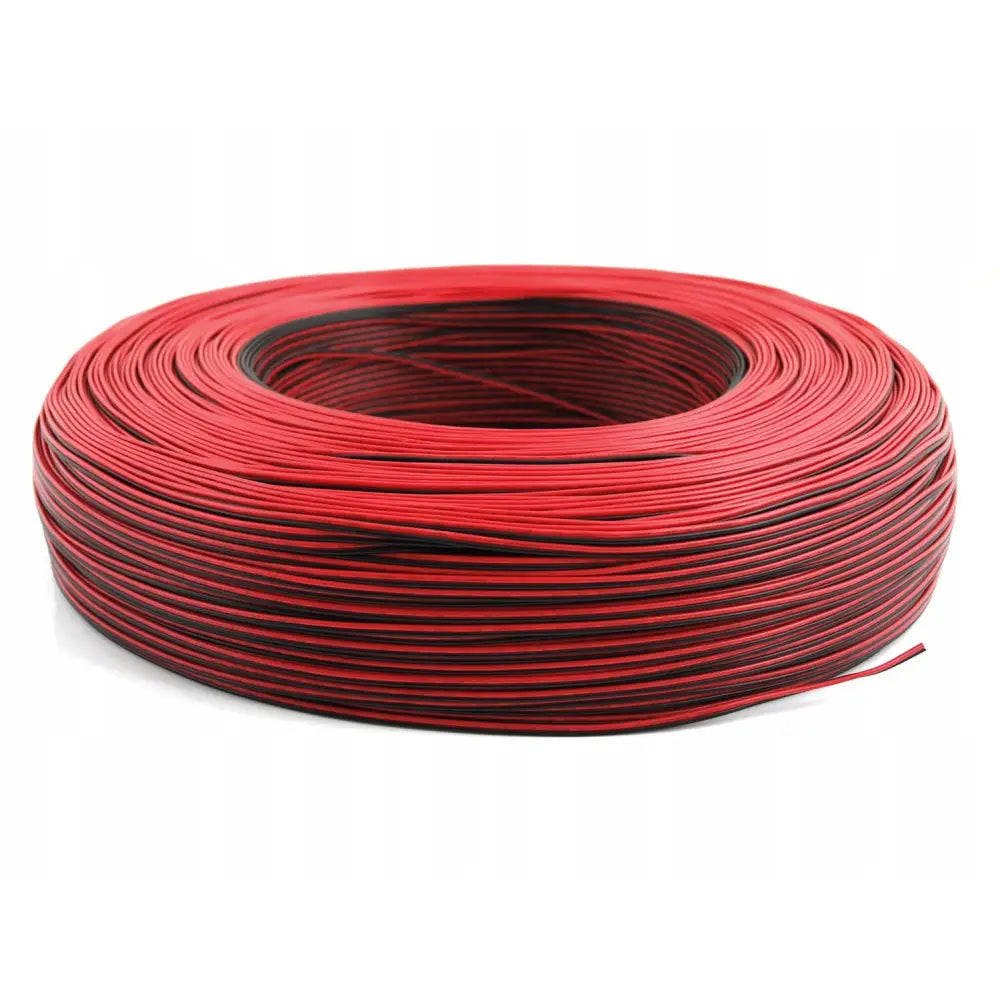 Kabel for RGB LED-striper, 2-pinners, 200 meter rull med røde og svarte ledere i plastisolert utførelse.