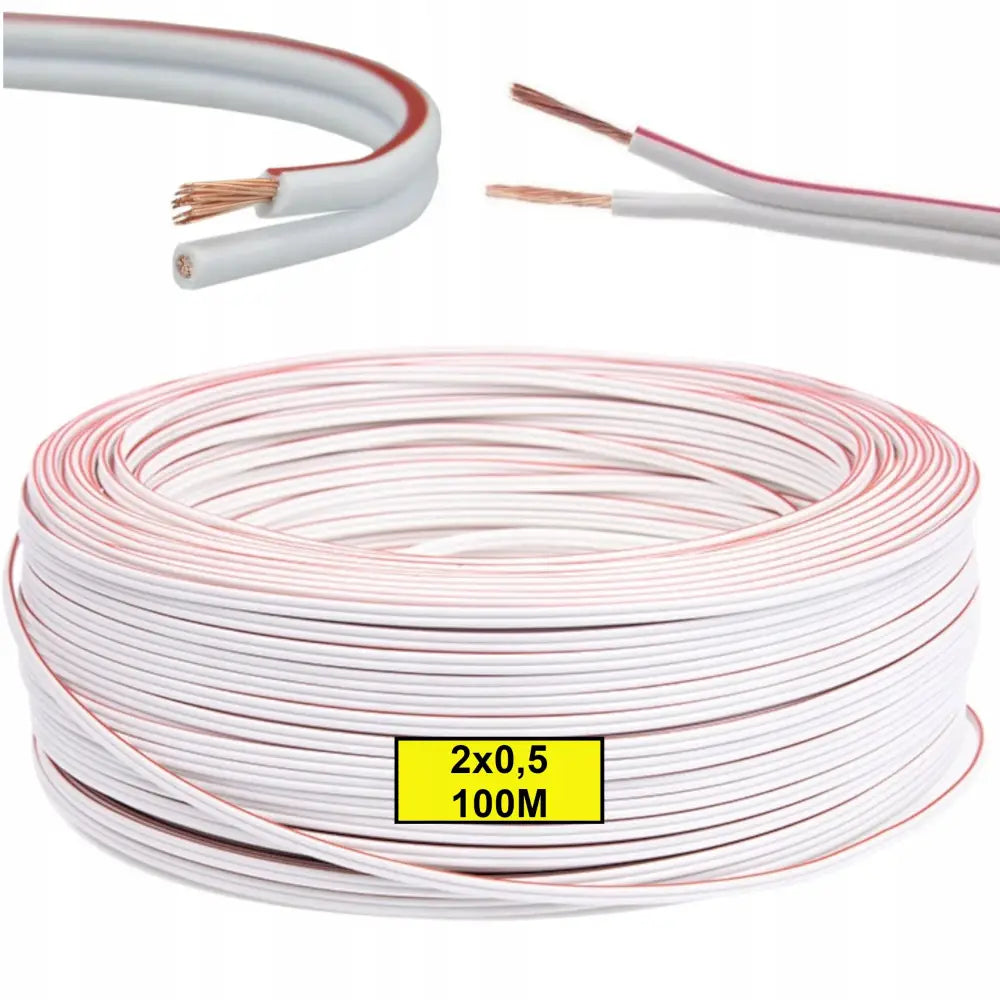 Kabel Ledning for LED toleder 2x0,5, rull på 100 meter med synlige kobbertråder i avkappede ender.