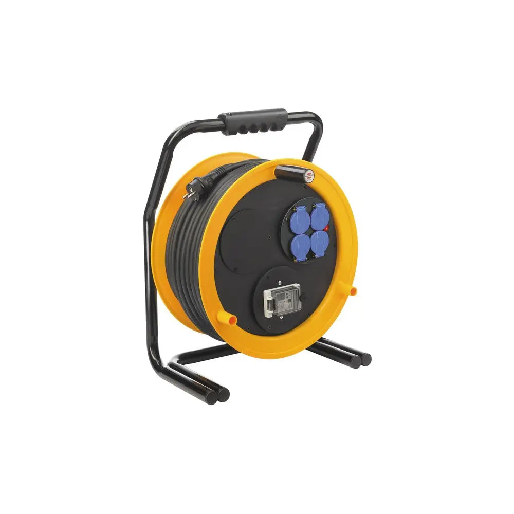 Kabeltrommel for industri og byggeplass, svart og gul, fire blå kontakter og bærehåndtak på toppen.