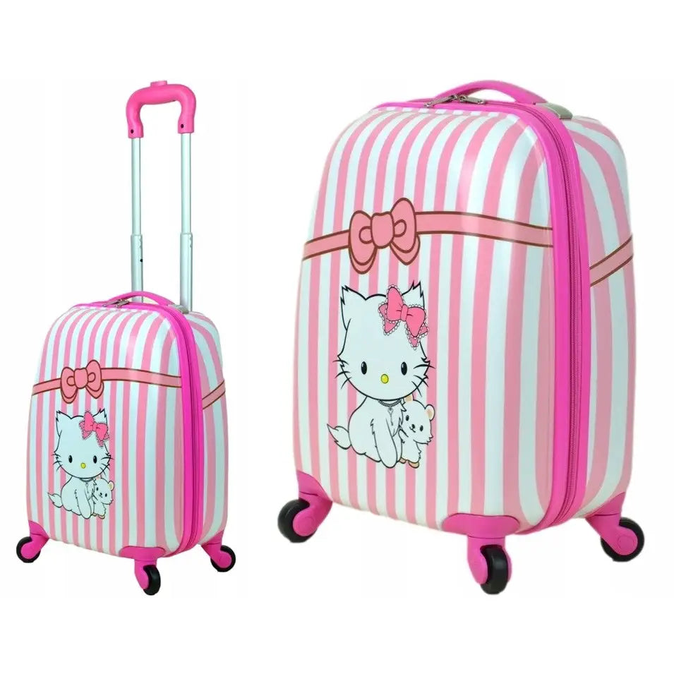 Kabinveske for barn fra Sunbag med rosa og hvite striper, katt med rosa sløyfe og liten mus på forsiden.