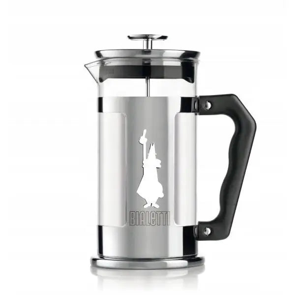Kaffebrygger French Press Bialetti 1L, frontvisning med glasskanne, blankt stål og sort håndtak.