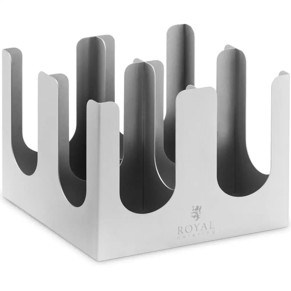 Kaffedrikke takeaway kopp- og lokkhålller i stål, skråvisning av stativet med synlig logo på forsiden.