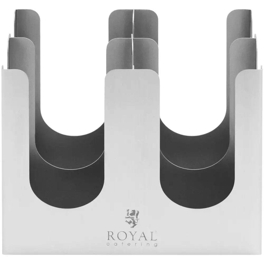Kaffedrikke takeaway kopp- og lokkholder i stål, frontbilde med fire rom og Royal Catering-logo nederst.