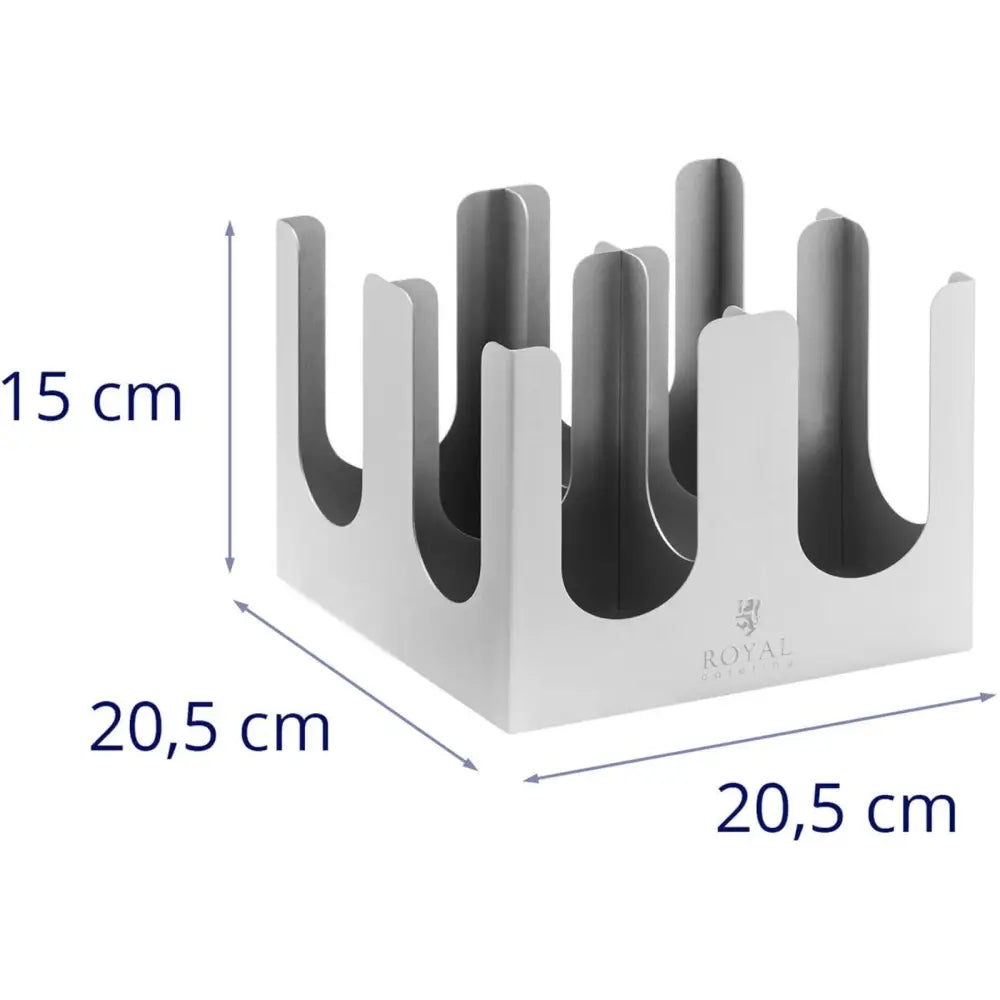 Kaffedrikke takeaway kopp- og lokkholder i stål, skråvisning som fremhever åpningene og tydelige målmarkeringer.