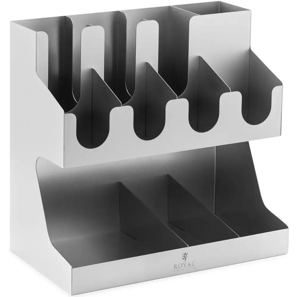 Kaffekopporganiser i børstet metall med 11 rom, sett forfra, viser lokk og ordnet tilbehør.