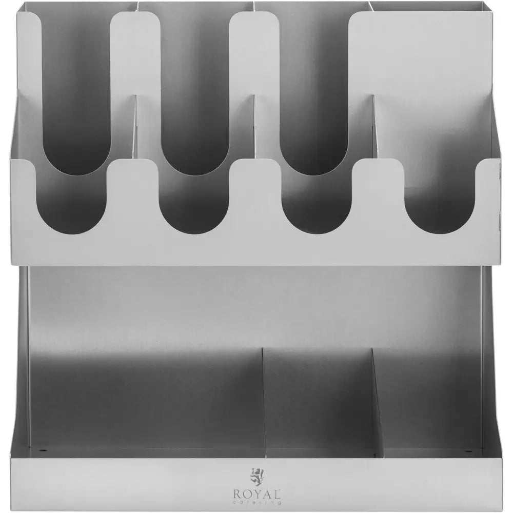 Kaffekopporganiser med lokk, rørepinner og sukker, frontvisning med 11 rom og Royal Catering-logo.