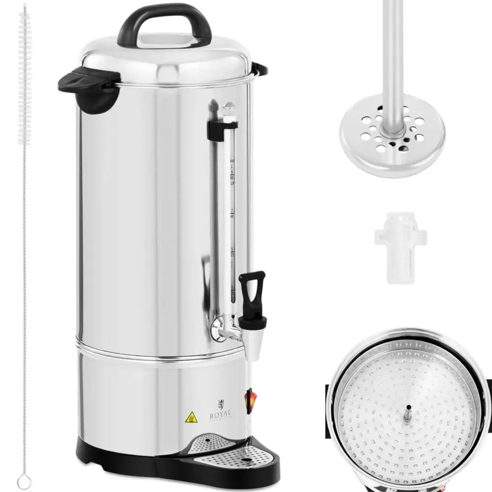 Kaffetrakter med tekanne og tappekran i stål, sett ovenfra med tilbehør som børste, sil og plastinnsats.