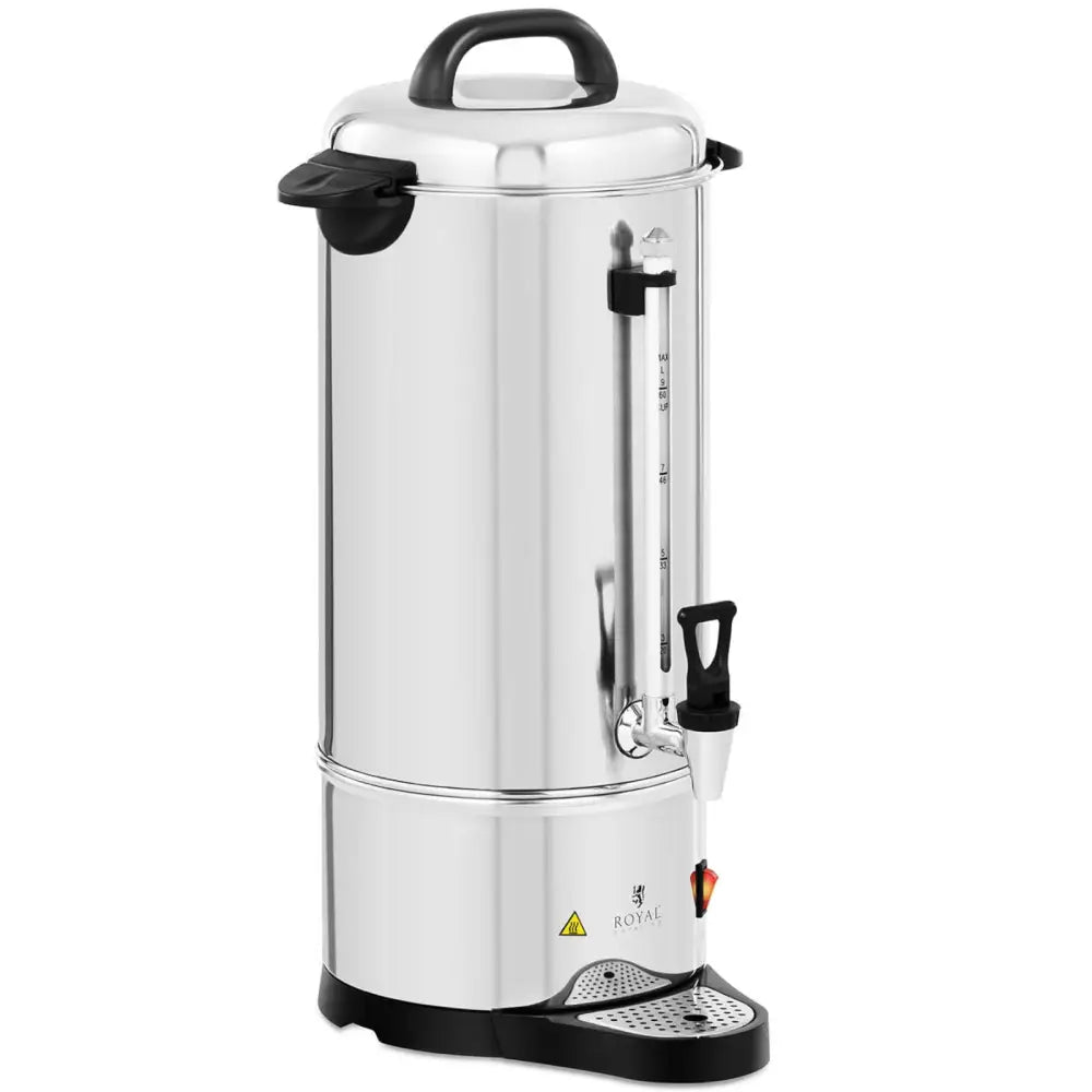 Kaffetrakter med tekanne og tappekran, skrå forfra, viser måleglass, sort håndtak og grep på rustfritt stål.