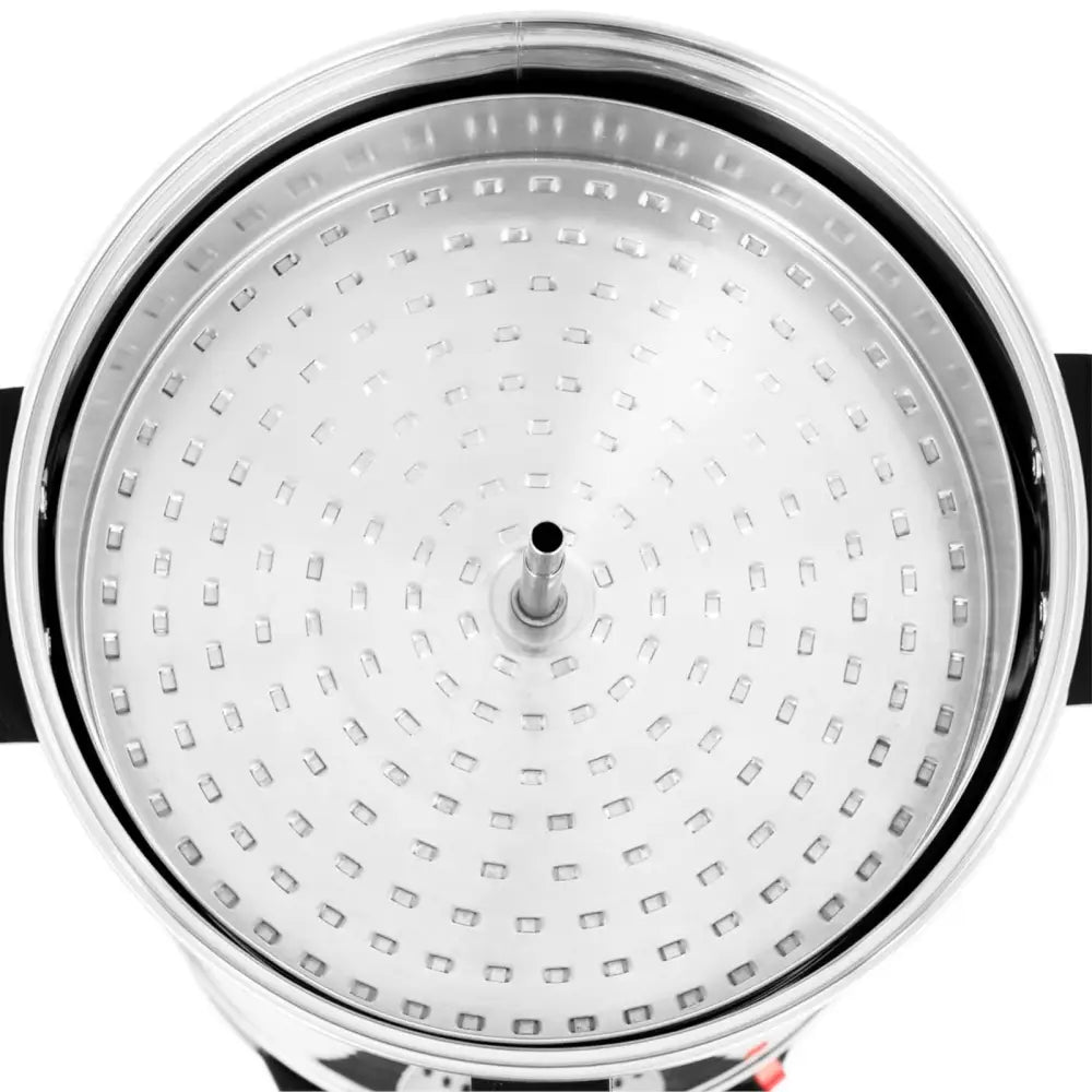 Kaffetrakter med tekanne, toppbilde av perforert metallinnsats og senterplassert rør i blank beholder.