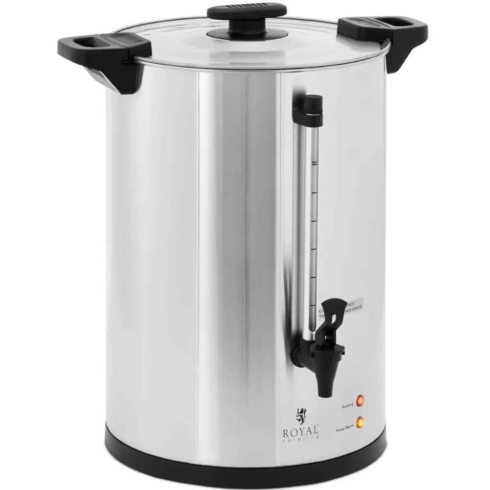 Kaffetrakter og tekoker i rustfritt stål, skrå vinkel, synlig tapp, nivåmåler og indikatorlys på forsiden.