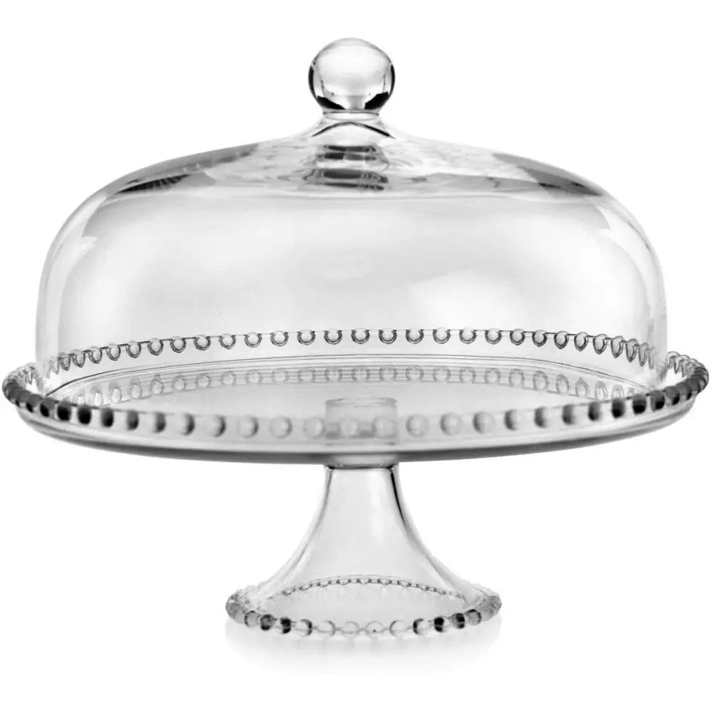 Kakefat med kuppel fra Jasło, klart glass med dekorative kuler på kanten, frontvisning mot hvit bakgrunn.