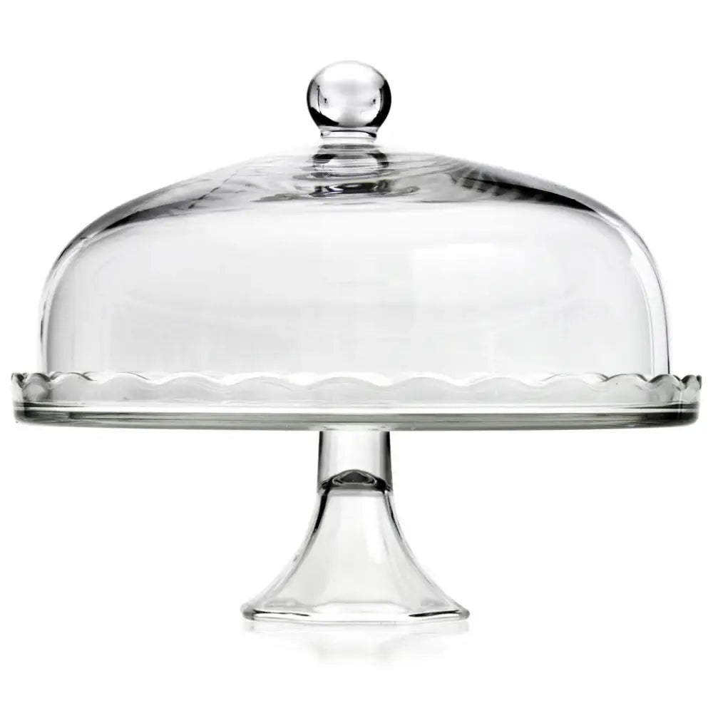 Kakefat med lokk Jasło Sweet Line, frontvisning av klart glass med bølget kant og rund knott på lokket.