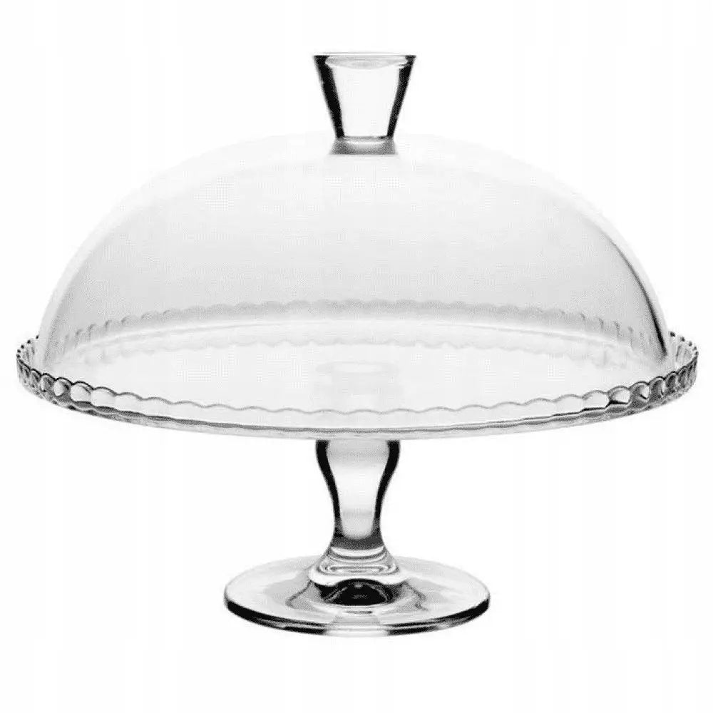 Kakefat på stett i klart glass med bølgekant og lokk med håndtak, sett forfra mot hvit bakgrunn.