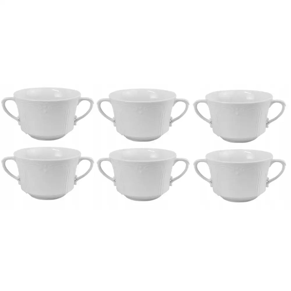 Kamelia 1000 hvite suppeskåler, seks stykker med to hanker og dekorativ kant, blank porselen.