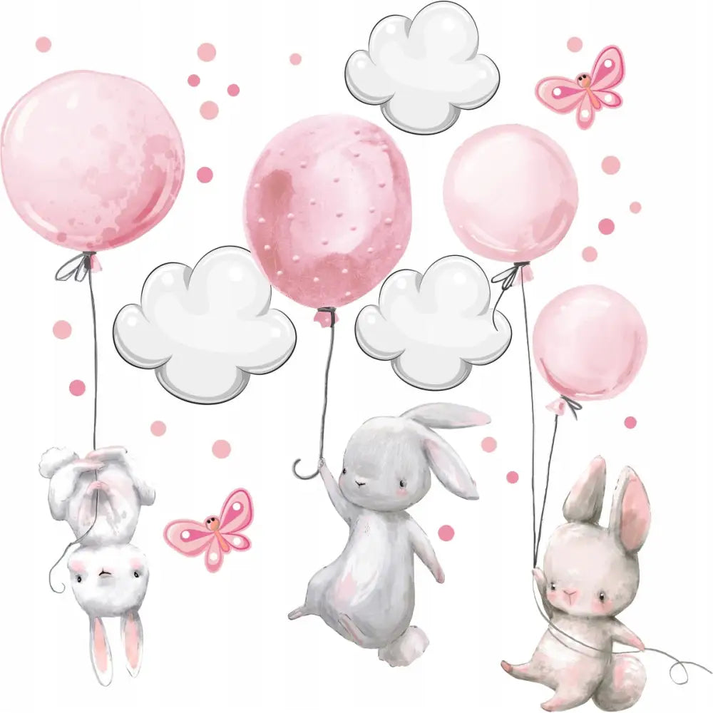 Kaninballonger veggklistremerker med tre kaniner som holder rosa ballonger, omgitt av skyer og sommerfugler.