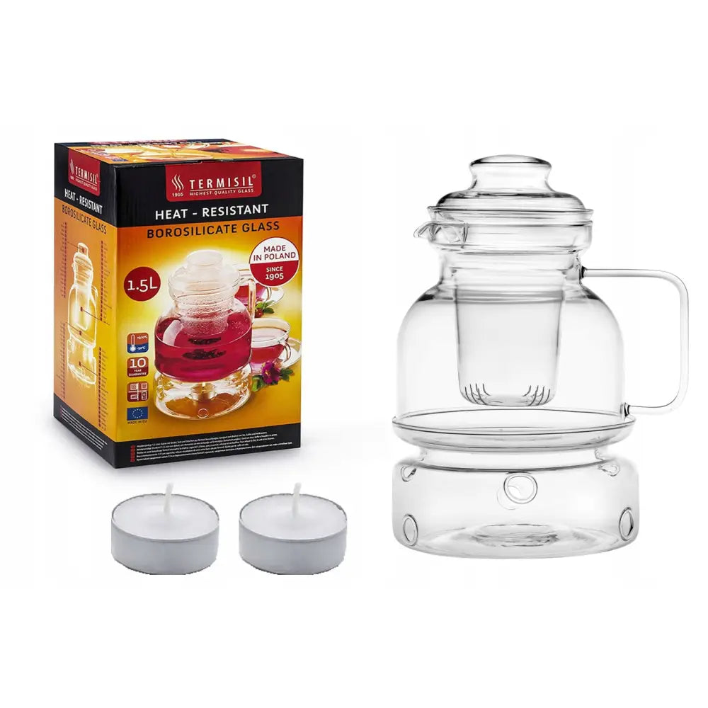Tekanne i glass 1,5L med avtagbar brygger, lokk, to telys og original Termisil-emballasje.