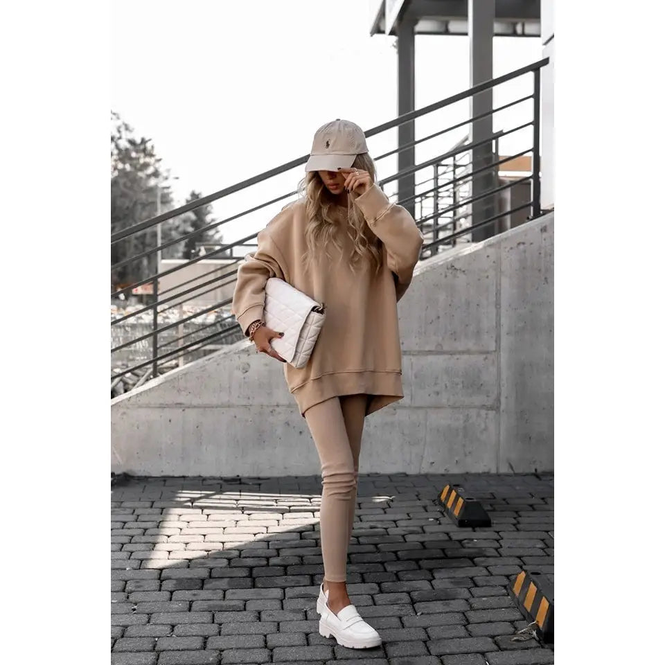 Karamellfarget Joggedress Sett med Lang Hettegenser + Leggings