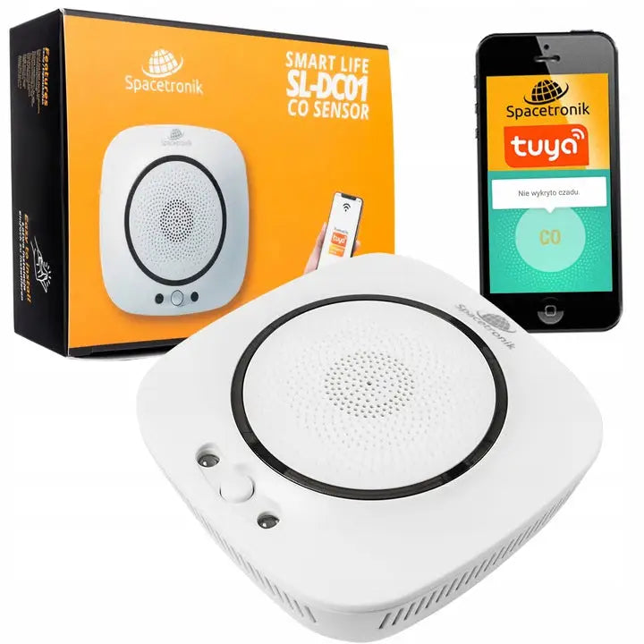 Karbonmonoksid detektor med wifi, skrå oversikt av sensoren, original eske og mobil med app vises.