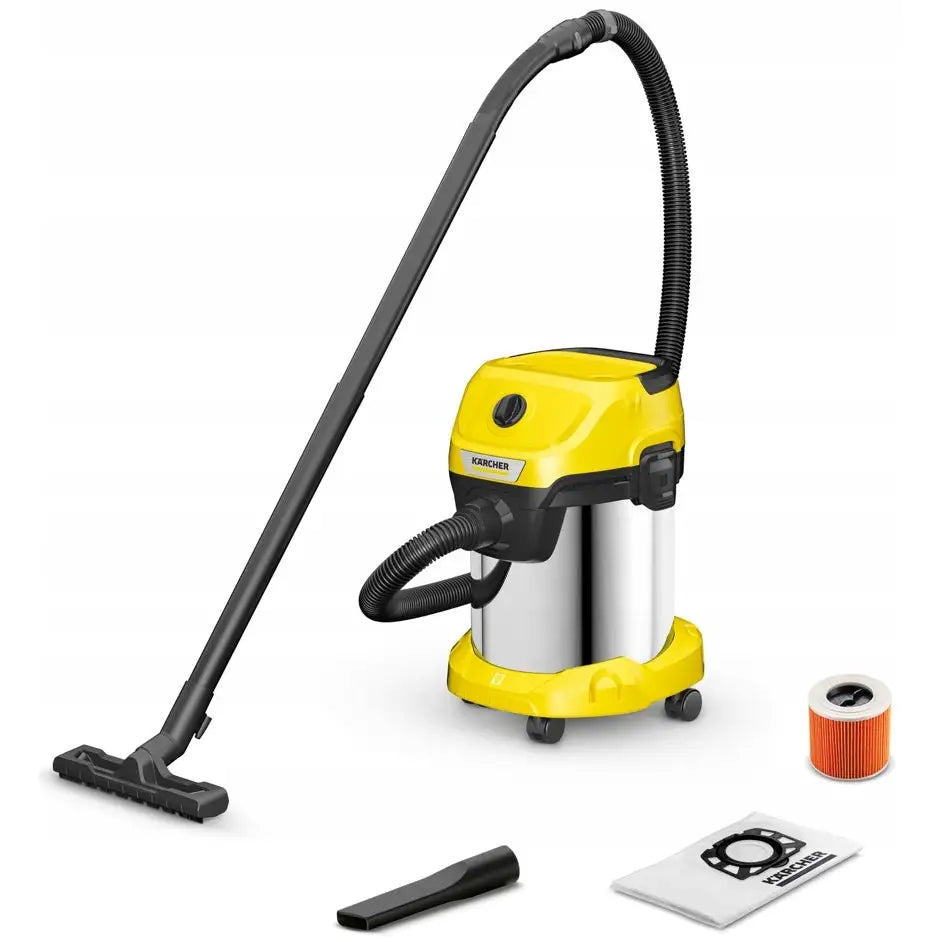 Karcher Wd3 S universalsuger med stor gul og sølv beholder, slange, munnstykke, filter og støvsugerpose.