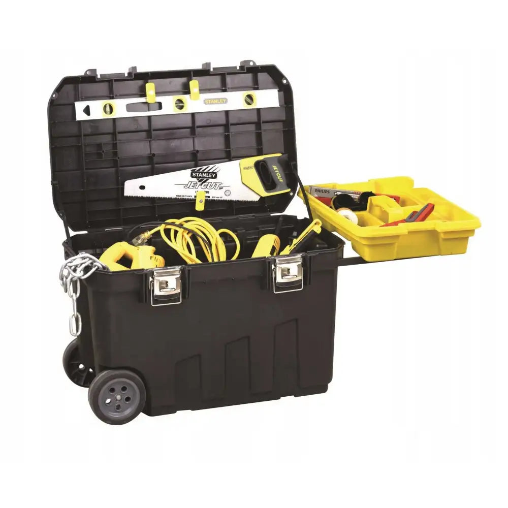 Kasse på hjul 91L med åpent lokk, viser sag, vater, målebånd og gul uttrekkbar innsats med håndverktøy.