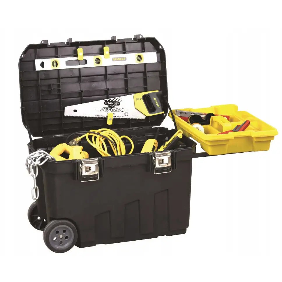 Kasse på hjul 91L, åpen front som viser innsiden med håndverktøy og gult smådelsbrett på kanten.