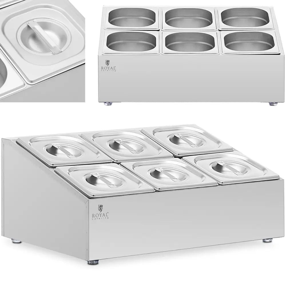 Katalogstativ med seks GN 1/6 beholdere og lokk, skråstilt i sølvfarget stativ med Royal Catering-logo.