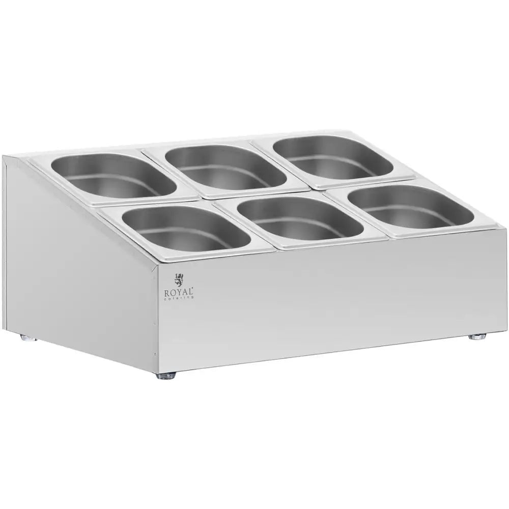 Katalogstativ for 6 GN 1/6 beholdere, skråvisning som fremhever rustfritt stål og synlig logodetalj.