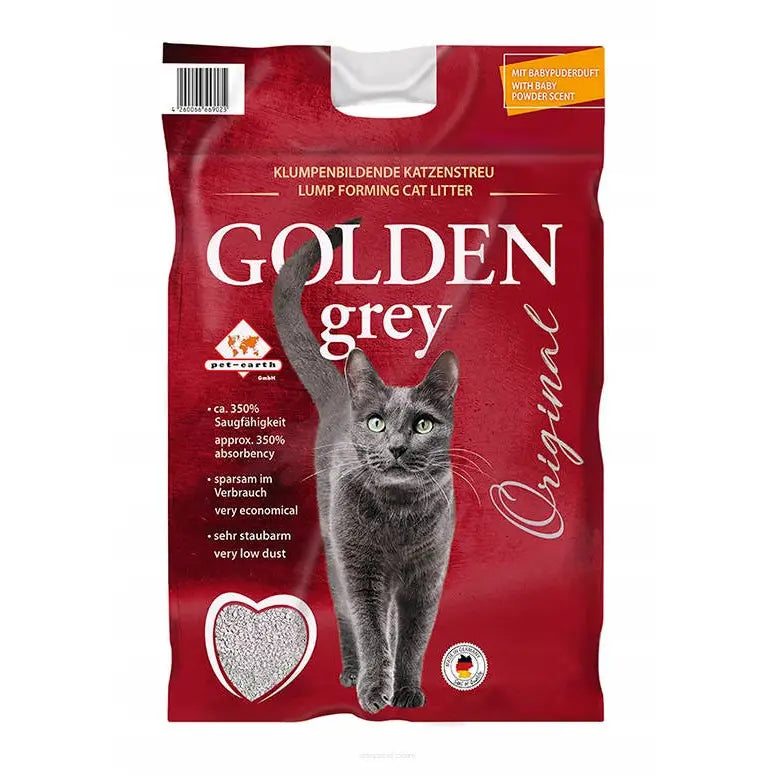 Kattegrus Golden Grey Bentonitt 2X 14Kg i rød pose med grå katt, synlig grått grus gjennom gjennomsiktig åpning og praktisk bærehåndtak.