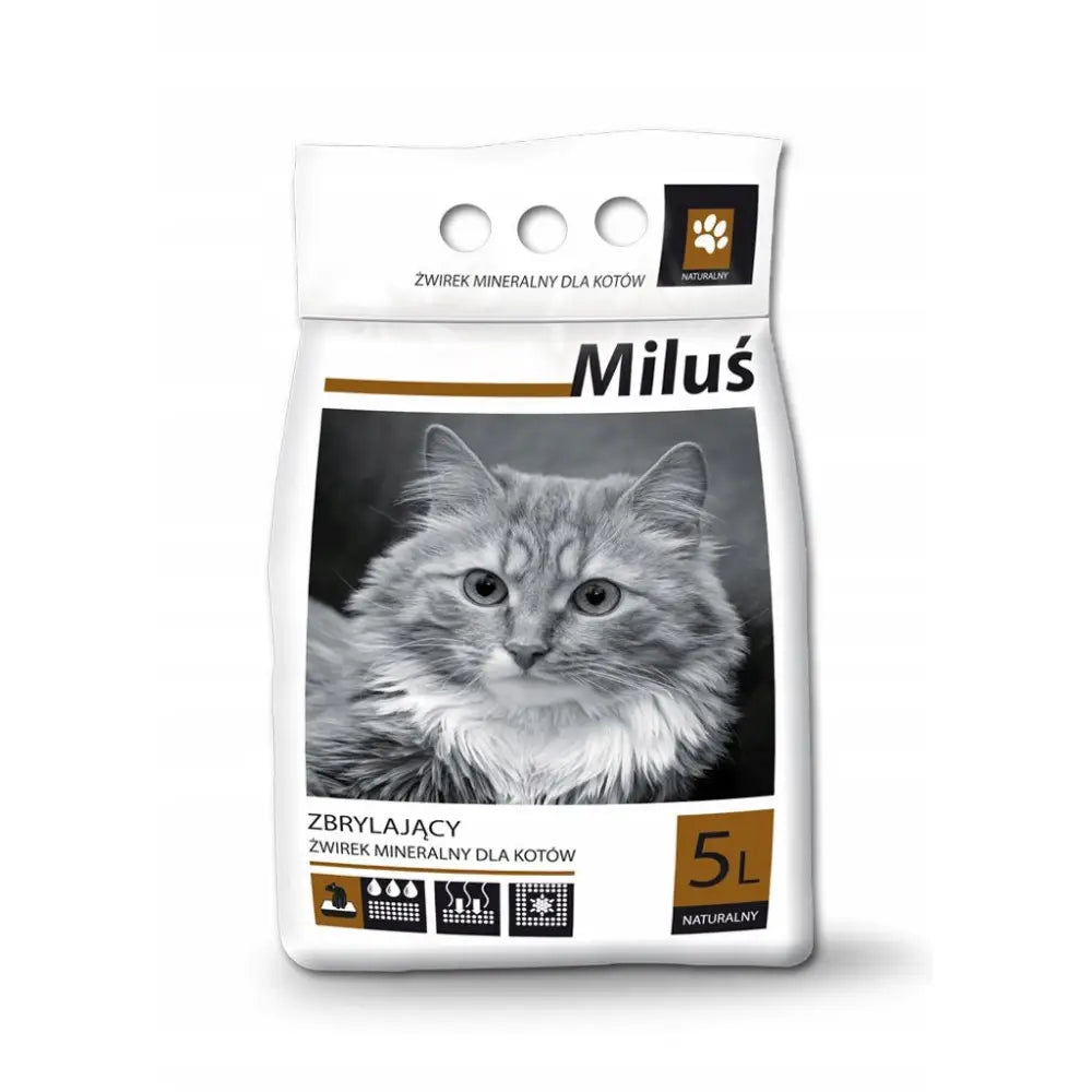 Kattegrus Miluś Economic 5L Benek, hvit pose med bilde av grå og hvit katt, svart og gull detaljer, volum 5 liter synlig.