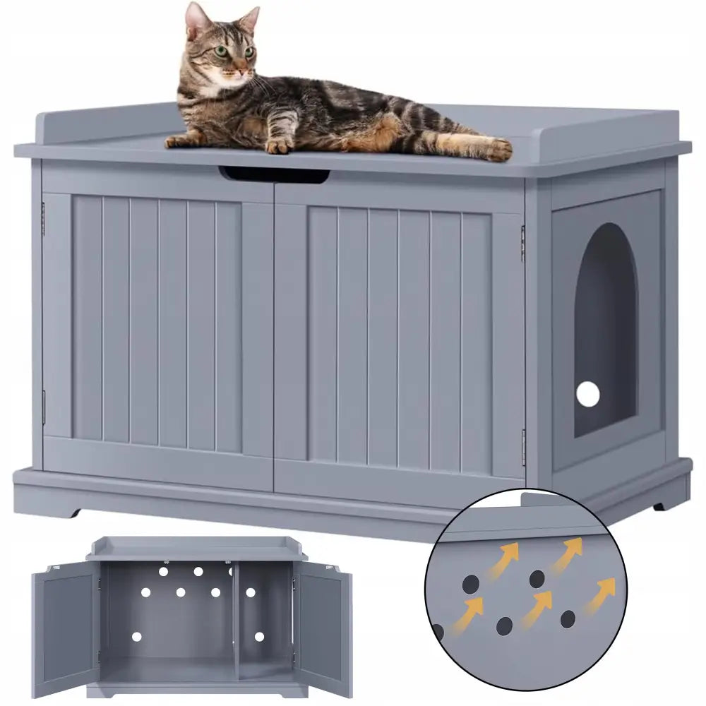 Kattehus Litterboks Skjul Seng Hundehus i grått tre, med dobbeldører og sideinngang, katt hviler på toppen, skap vist åpent og lukket.