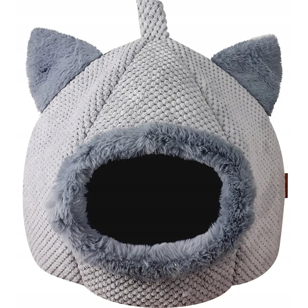 Kattehus Seng Hytte i grått, frontvisning med myk plysjkantet åpning og to spisse katteører.