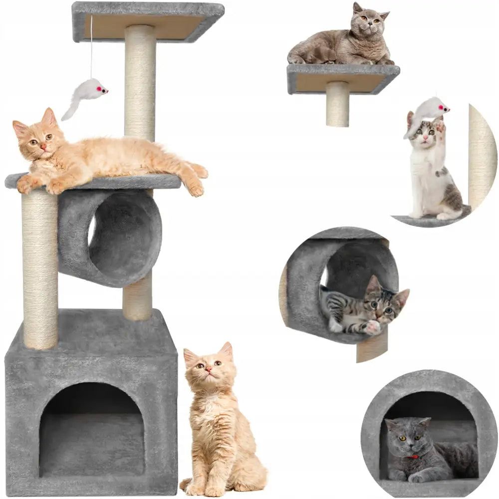 Katteklorestativ Stort Tårn med Grått Hus, flere katter klatrer og leker på ulike nivåer med tunnel, hule og museleke.