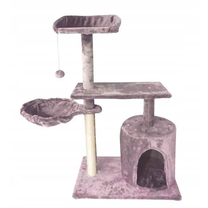 Kattekratetrær Tårn Seng Hus Krabbesøyle Ball Homecatty i lys lilla plysj, med flere nivåer, hengekøye, hule og lekeball, sett forfra.