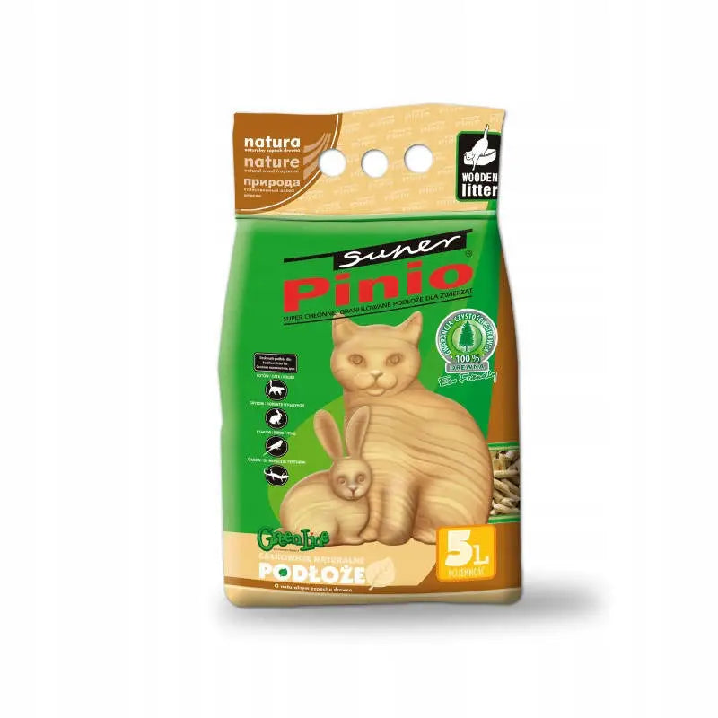 Kattesand Certech Super Pinio 35L, frontbilde av grønn og brun pose med katt og kanin samt tydelig 5L-volumangivelse.