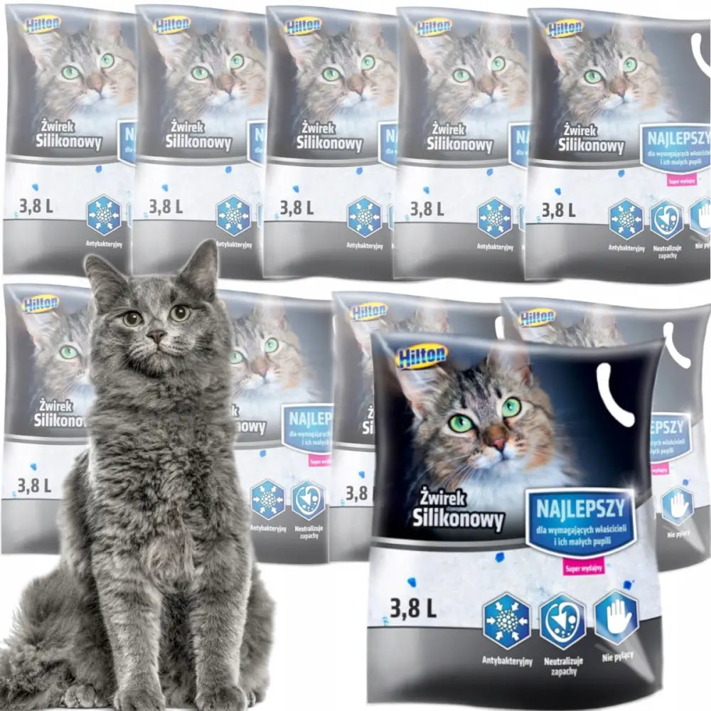 Kattesand Hilton Silikonsand 10X3,8L, flere poser med blått og grått design og en grå katt foran produktene.