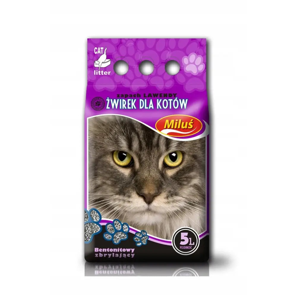 Kattesand Miluś Lavendel 5L Benek, lilla pose med grå katt og poter, tydelig volumangivelse på forsiden.