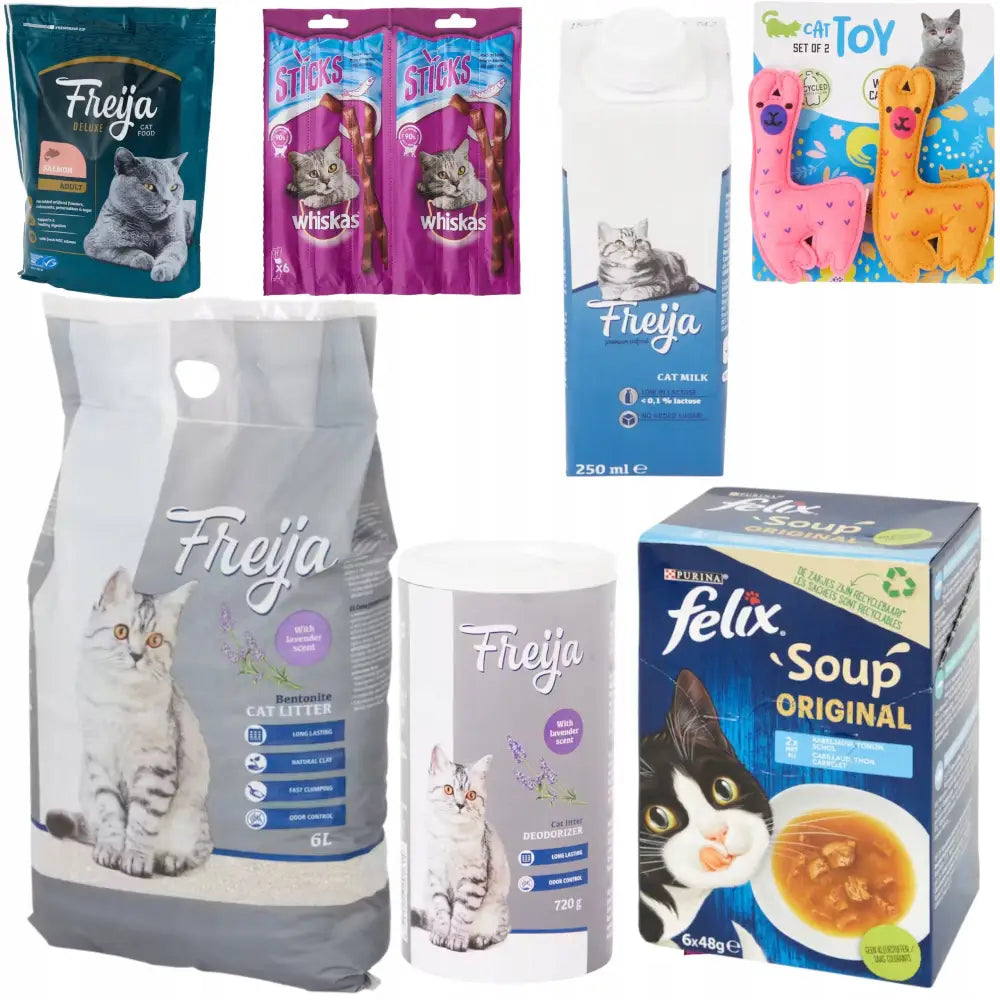 Whiskas sett med kattesand, tørrfôr, suppe, melk, godbiter og to lamaformede katteleker fotografert forfra.