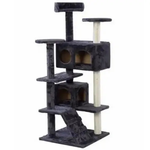 Kattetårn Scratching Post med seng, mørkegrå plysj, syv nivåer, to huler og lyse klorestolper, frontbilde.
