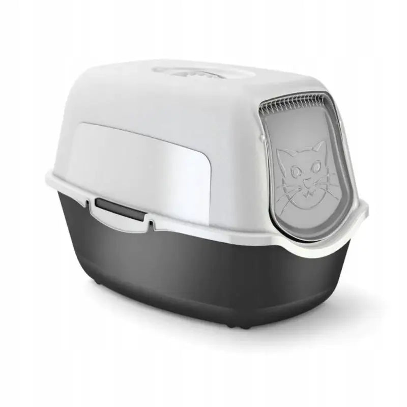 Kattetoalett Eco Bailey, lukket modell med mørkegrå bunn, hvitt lokk og dør med kattemotiv i gjennomsiktig plast.