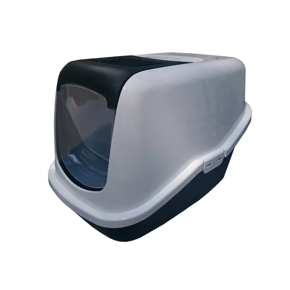 Kattetoalett med filter fra Savic, hvit og svart lukket modell med gjennomsiktig svingdør, sett i skrå vinkel.