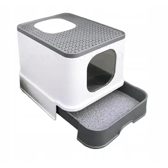 Kattetoalett med skuff og spade F004, lukket hvit og grå kattekasse med frontinngang og uttrekkbar grusskuff.