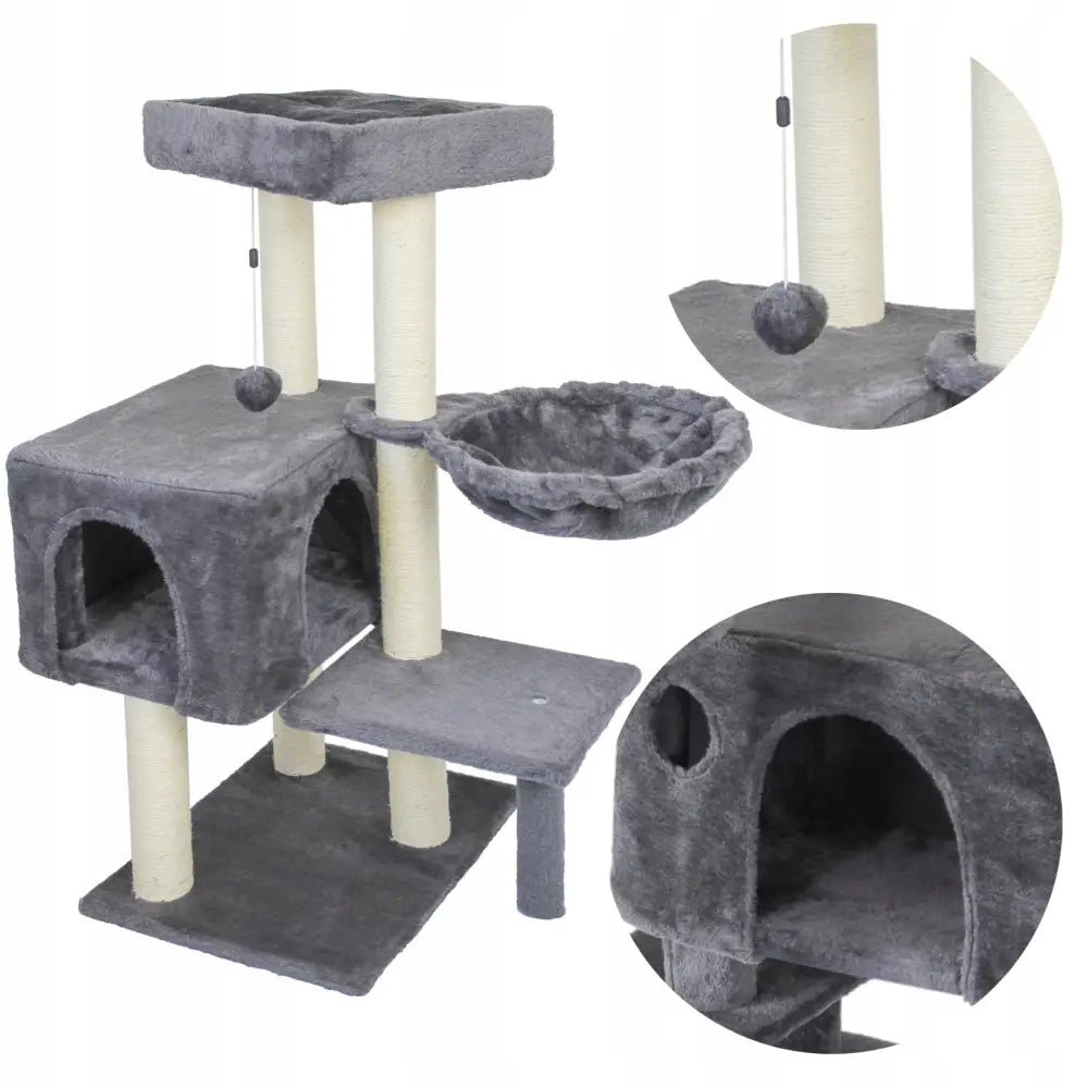 Kattetre med sovehylle og hytte, grått tekstil, flere nivåer, hule, hengekøye og lyse sisal-stolper for kloring.