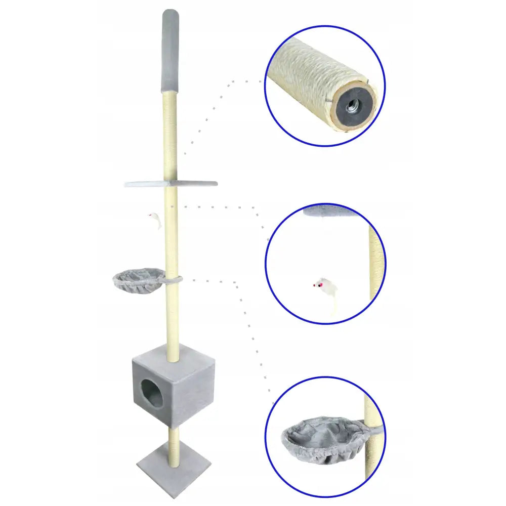 Kattetreet til taket 230–260 cm, lysegrått og beige klorestativ med hus, tårn, hengekøye og synlig festemekanisme.