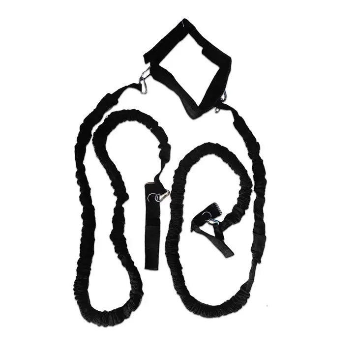 Keeper Treningkummi, to svarte elastiske bånd med polstrede håndtak og metallspenner vist flatt mot hvit bakgrunn.