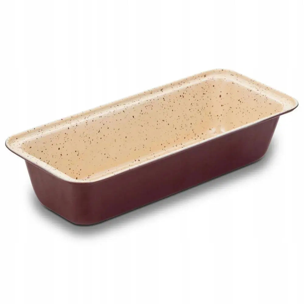 Keramisk brødform i granitt, avlang med mørkerød utside og lys beige innside med brune prikker.