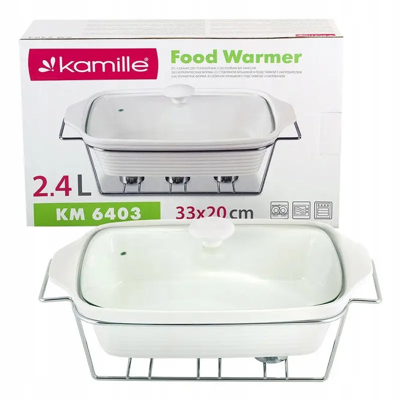 Keramisk ildfast fat med glasslokk i metallstativ, frontvisning med emballasje og kapasitetsinfo bak.