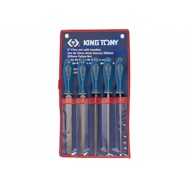 King Tony metallfiler 200 mm, fem filer med blå og grå håndtak i gjennomsiktig etui med rød kant.