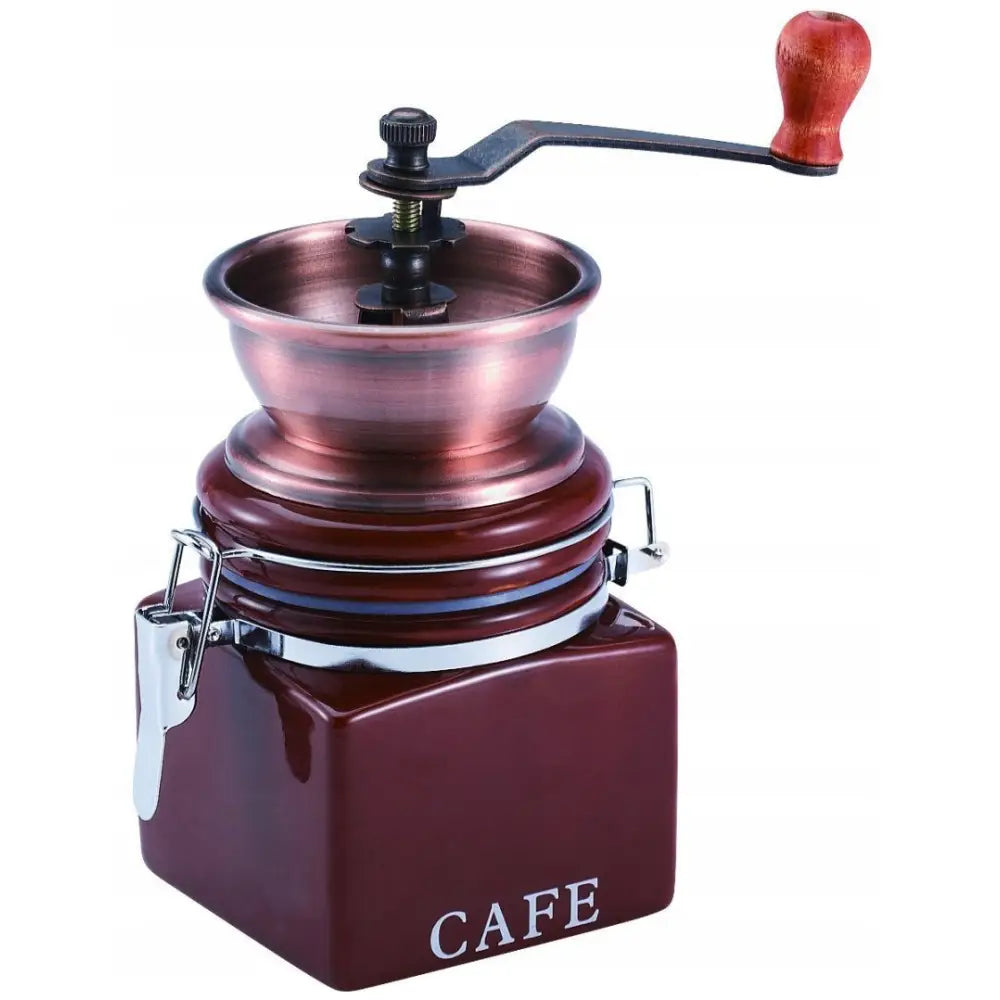 Manuell Kinghoff kaffekvern med metall topp, mørk rødbrun trebunn og håndsveiv, sett skrått forfra.